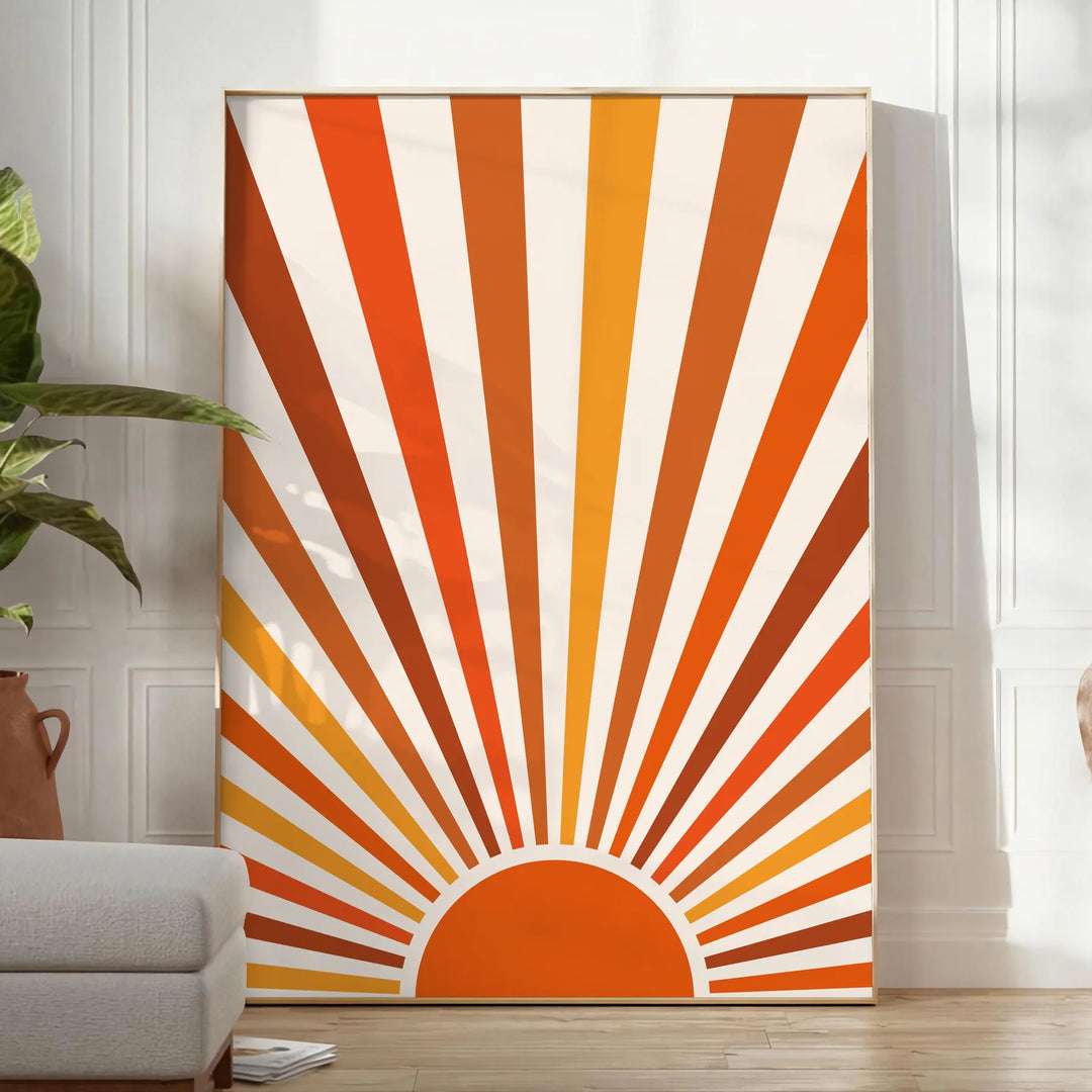 Abstract bohemian art with earthy browns and warm oranges - in a bright minimalist room with a plant and an armchair