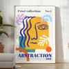Yellow and orange maximalist abstract events poster with bold layered shapes - in a bright minimalist room with a plant and an armchair