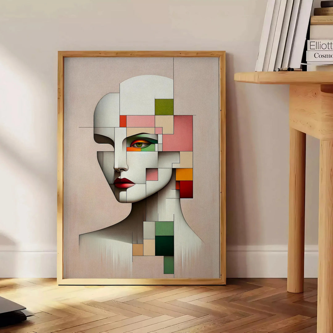 Abstract human figure composed of geometric shapes in orange and red tones - beside a round wooden side table with books