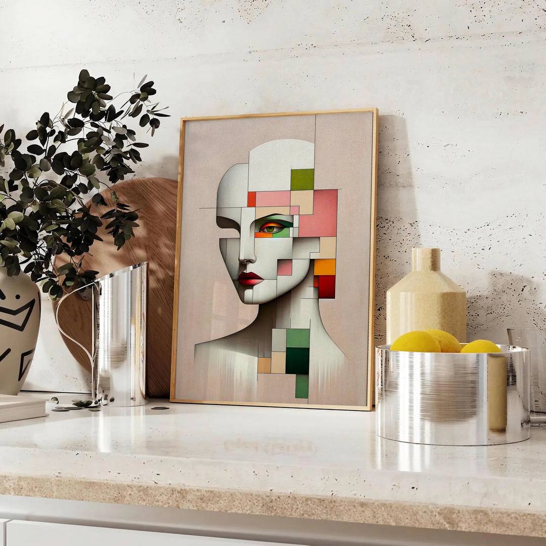 Abstract geometric human poster in orange and red, modern art print - styled on a counter with eucalyptus and a bowl of lemons