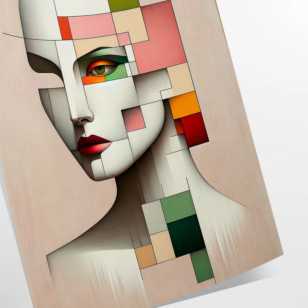 Abstract geometrical human poster in red and green, minimalist artwork