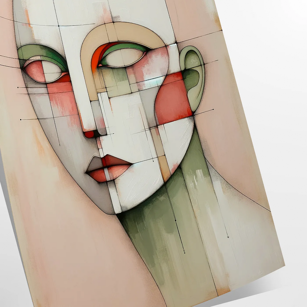 Poster of abstract geometrical human figure in red and green tones