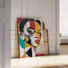 Abstract representation of a woman in green and blue tones - leaning on a herringbone floor against a white panelled wall