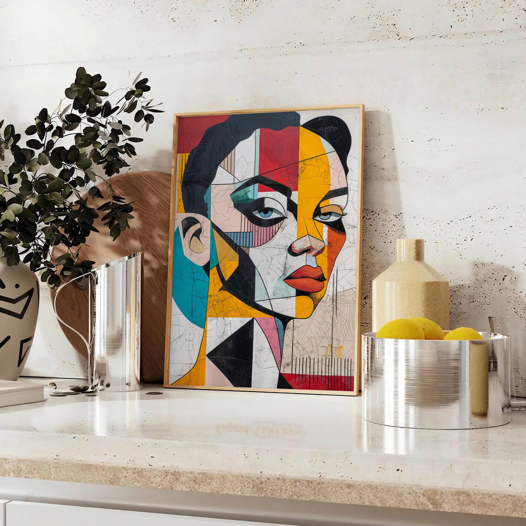 Abstract representation of a woman in green and blue tones - styled on a counter with eucalyptus and a bowl of lemons
