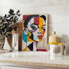 Abstract representation of a woman in green and blue tones - styled on a counter with eucalyptus and a bowl of lemons