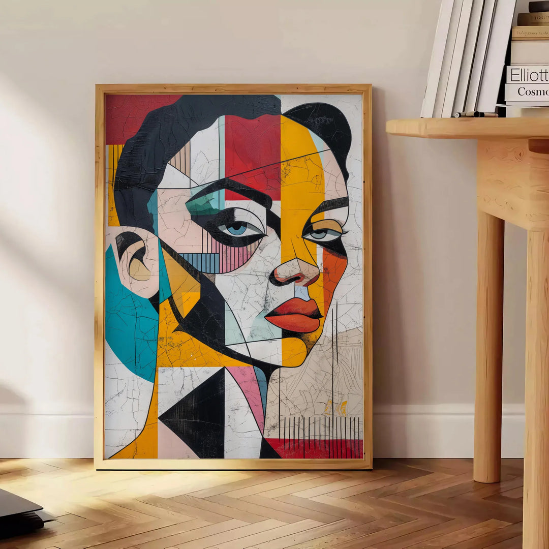 Abstract representation of a woman in green and blue tones - beside a round wooden side table with books