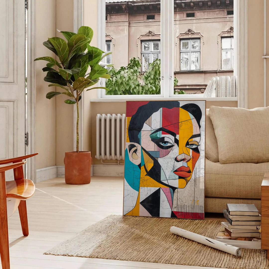 Abstract representation of a woman in green and blue tones - in a Parisian living room with a sofa and a fig plant
