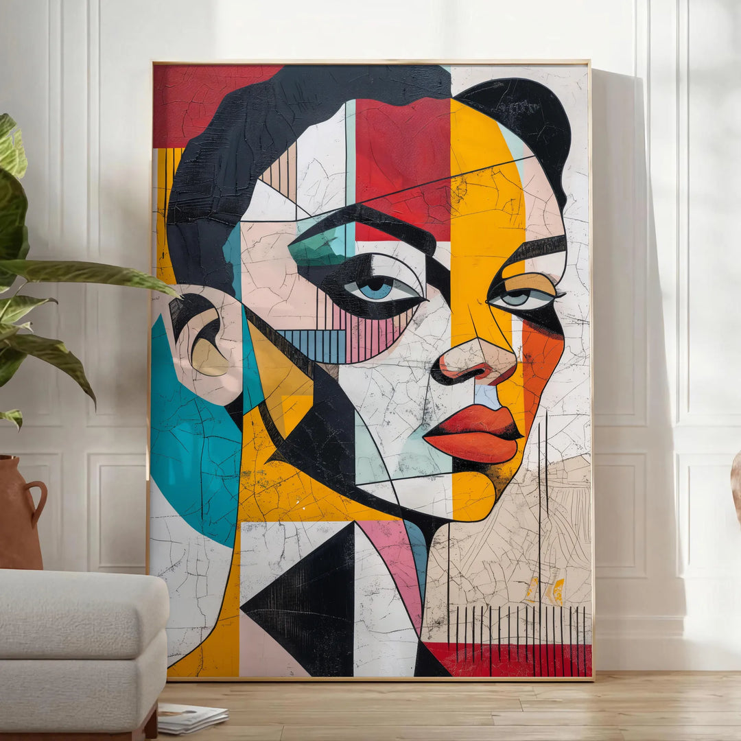 Abstract representation of a woman in green and blue tones - in a bright minimalist room with a plant and an armchair
