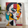 Abstract representation of a woman in green and blue tones - in a bright minimalist room with a plant and an armchair