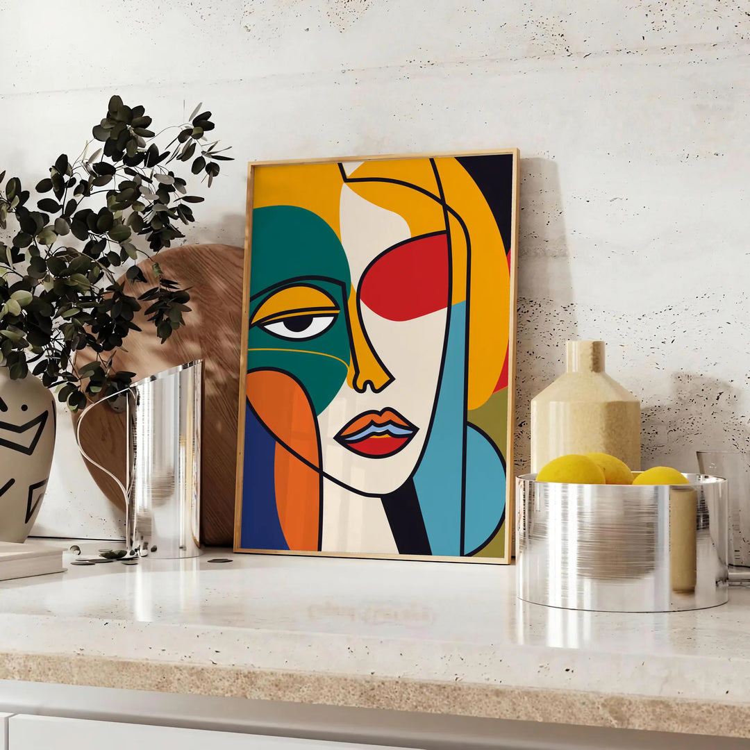 Poster mulher abstrata em laranja e vermelho, obra moderna expressiva para parede - sobre uma bancada com eucalipto e uma taça de limões