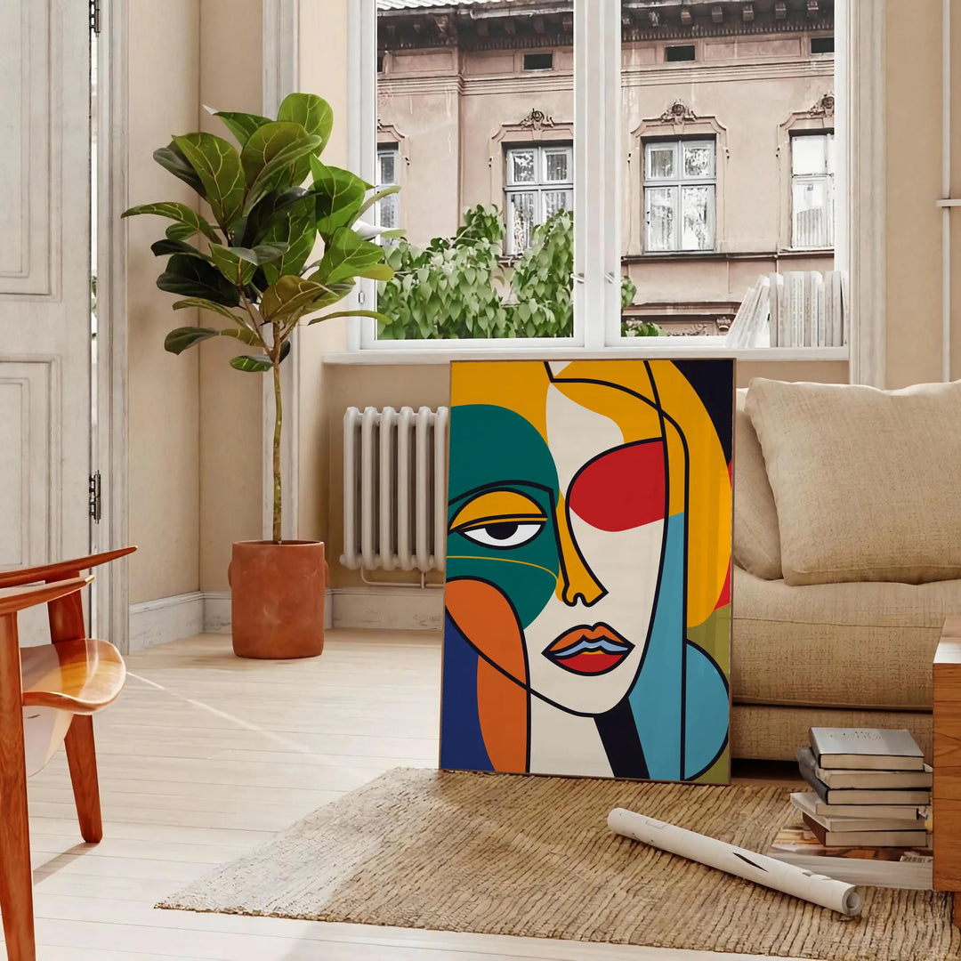 Poster mulher abstrata em laranja e vermelho, obra moderna expressiva para parede - numa sala parisiense com sofá e um ficus