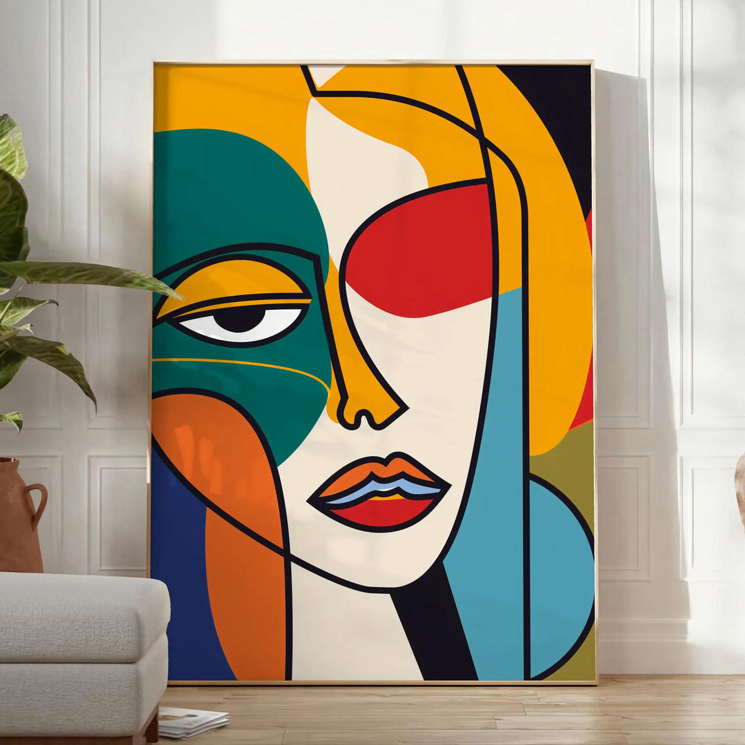 Poster mulher abstrata em laranja e vermelho, obra moderna expressiva para parede - num quarto luminoso e minimalista com planta e poltrona