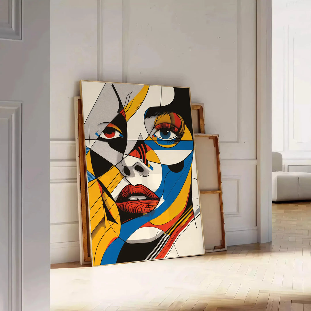 Abstract woman poster in bold black and orange, contemporary minimalist portrait - leaning on a herringbone floor against a white panelled wall
