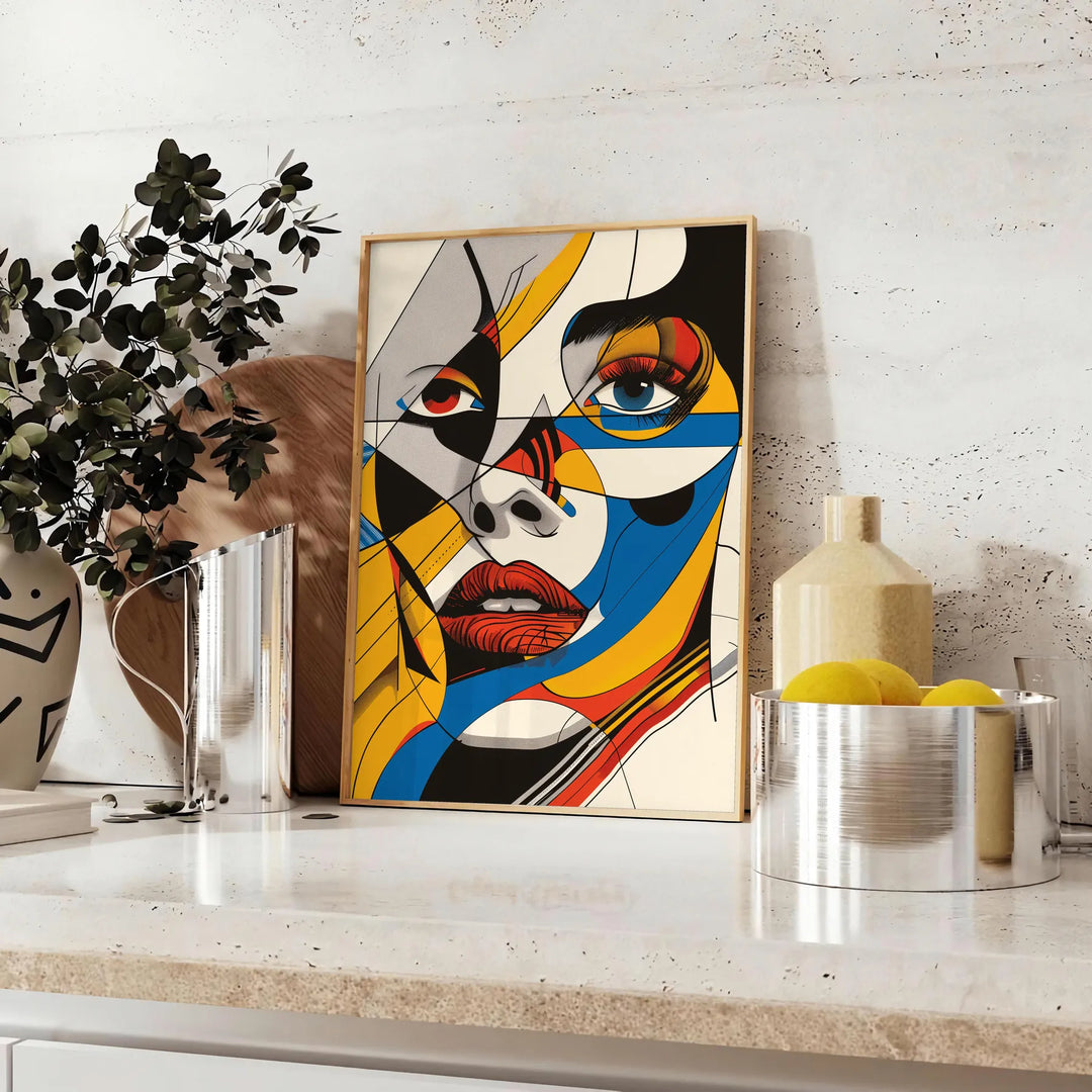 Abstract woman poster in bold black and orange, contemporary minimalist portrait - styled on a counter with eucalyptus and a bowl of lemons