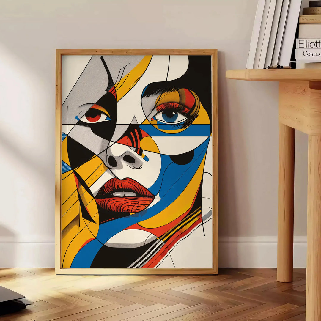 Abstract woman poster in bold black and orange, contemporary minimalist portrait - beside a round wooden side table with books