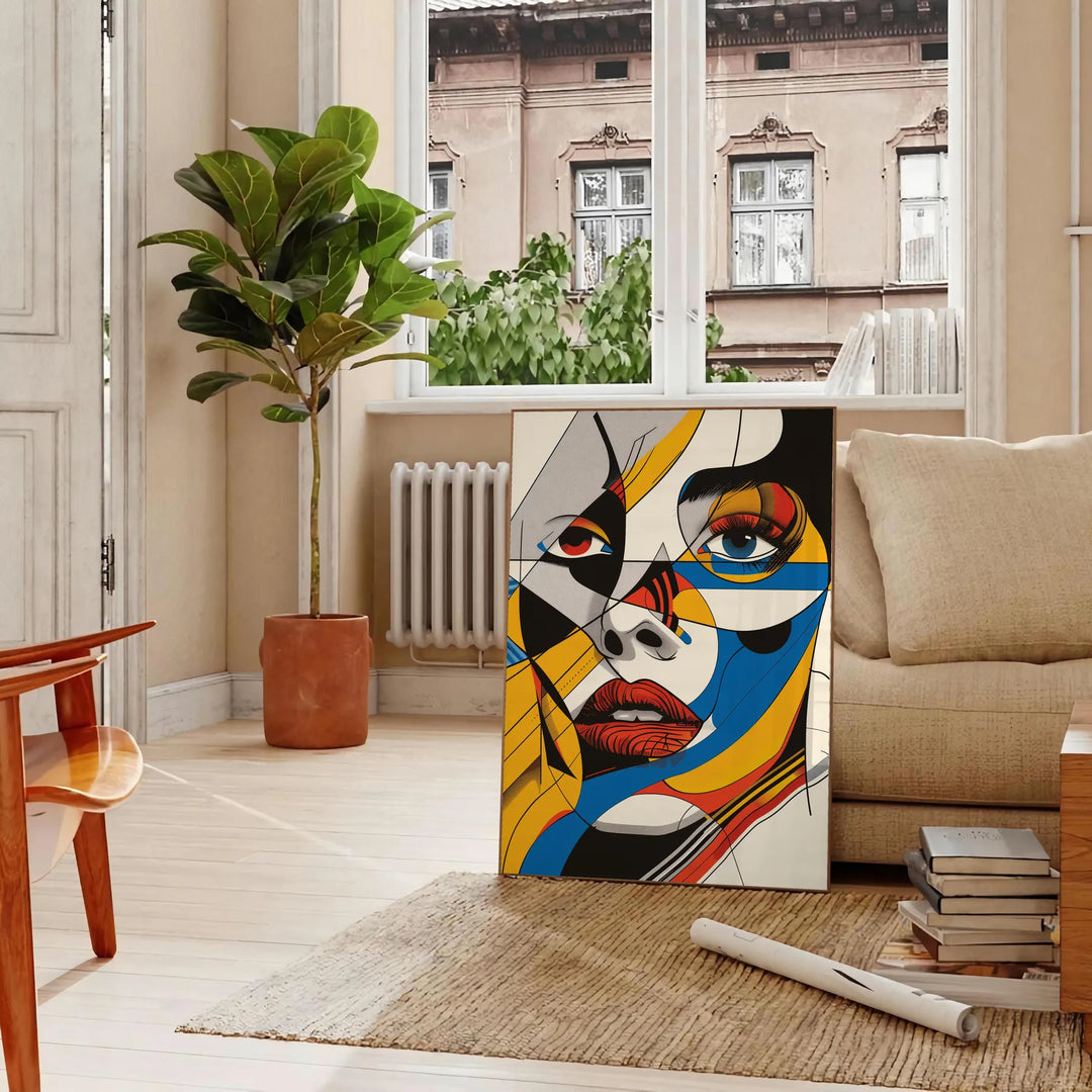 Abstract woman poster in bold black and orange, contemporary minimalist portrait - in a Parisian living room with a sofa and a fig plant