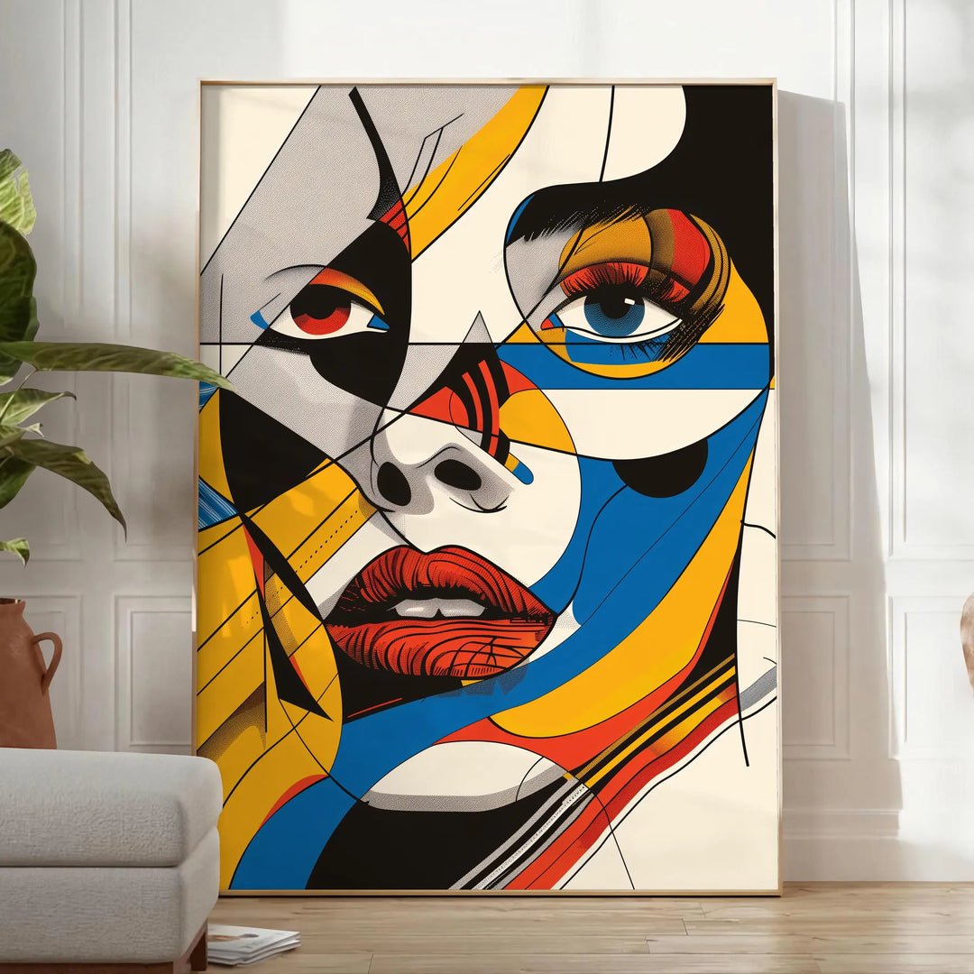 Abstract woman poster in bold black and orange, contemporary minimalist portrait - in a bright minimalist room with a plant and an armchair