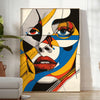 Abstract woman poster in bold black and orange, contemporary minimalist portrait - in a bright minimalist room with a plant and an armchair