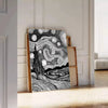 Abstract black and gray line art with flowing, minimalist shapes - leaning on a herringbone floor against a white panelled wall