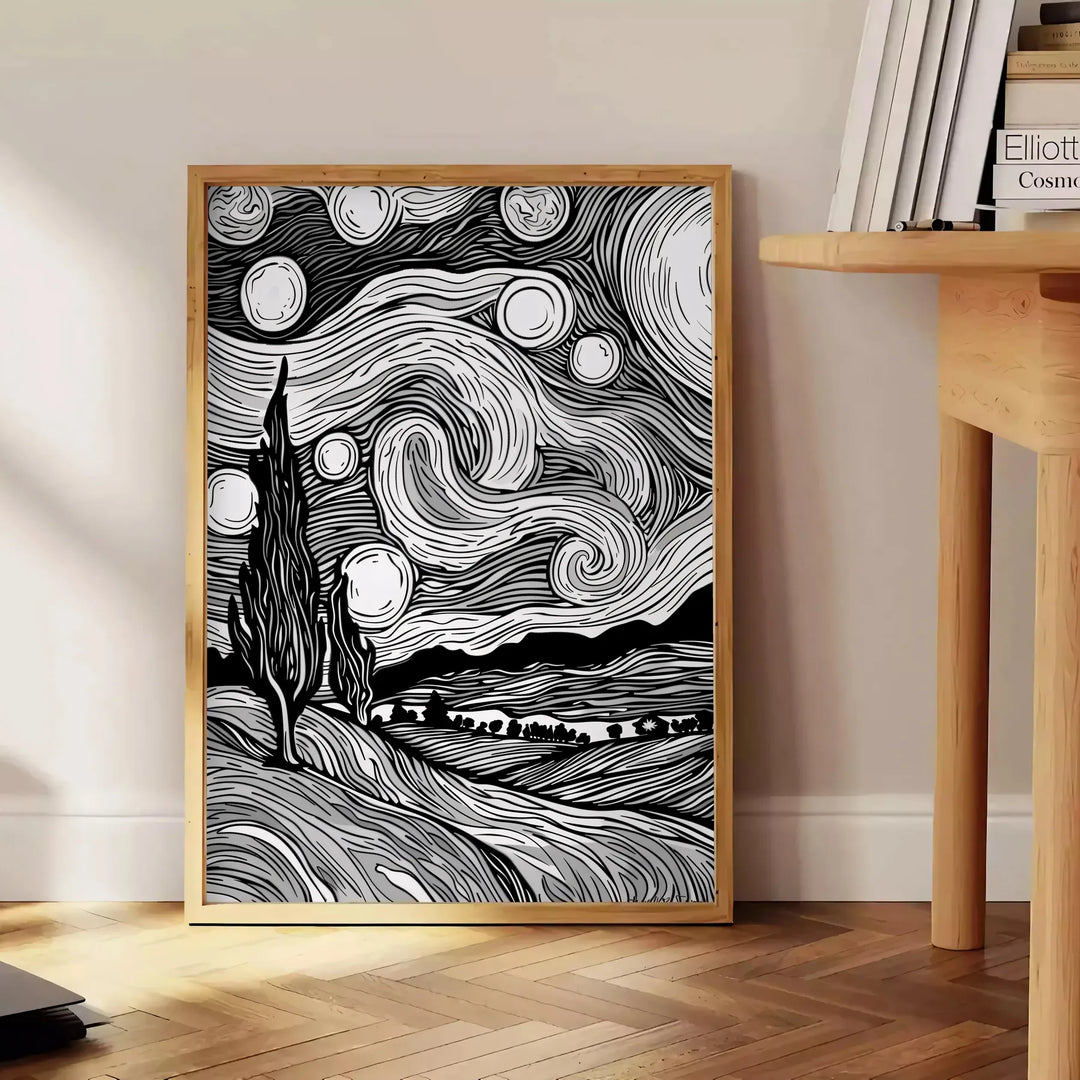 Abstract black and gray line art with flowing, minimalist shapes - beside a round wooden side table with books