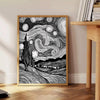 Abstract black and gray line art with flowing, minimalist shapes - beside a round wooden side table with books
