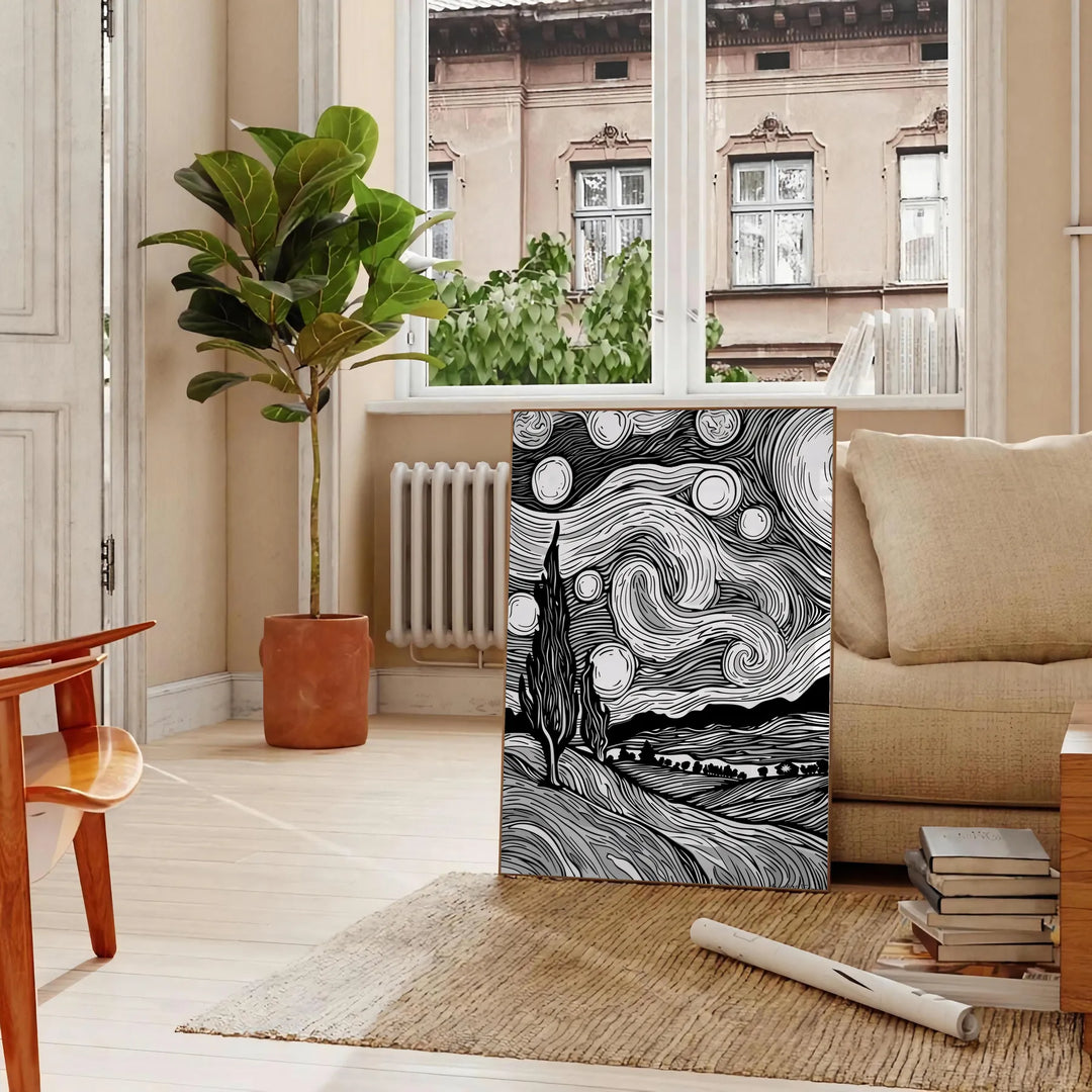 Abstract black and gray line art with flowing, minimalist shapes - in a Parisian living room with a sofa and a fig plant