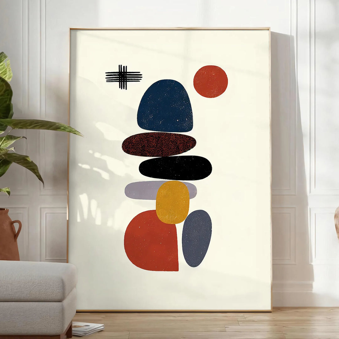 Minimalist Scandinavian abstract poster with orange and white geometric shapes - in a bright minimalist room with a plant and an armchair