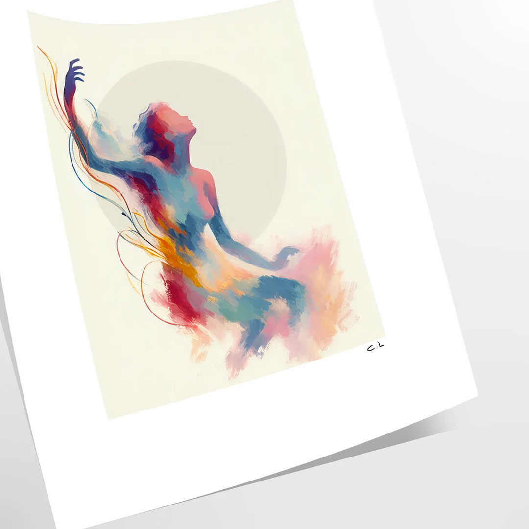 Abstract woman artwork in orange, gray and red tones, modern poster - as a rolled, unframed print