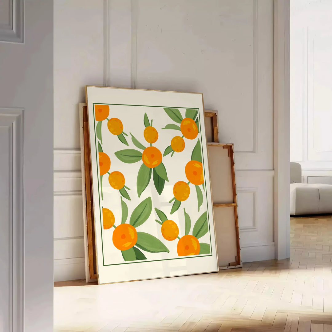 Green and white citrus kitchen poster, minimalist watercolor-style artwork - leaning on a herringbone floor against a white panelled wall