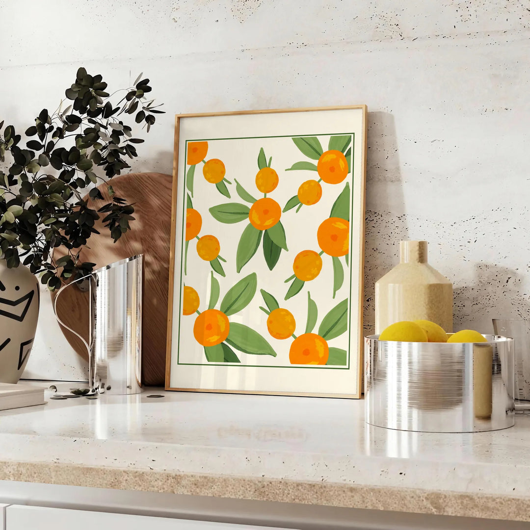 Green and white citrus kitchen poster, minimalist watercolor-style artwork - styled on a counter with eucalyptus and a bowl of lemons