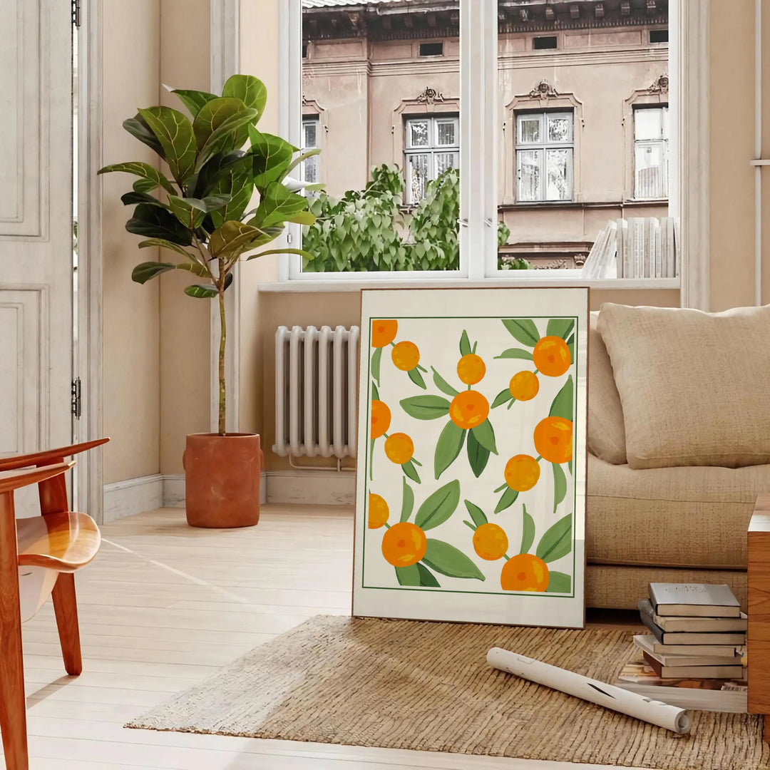 Green and white citrus kitchen poster, minimalist watercolor-style artwork - in a Parisian living room with a sofa and a fig plant