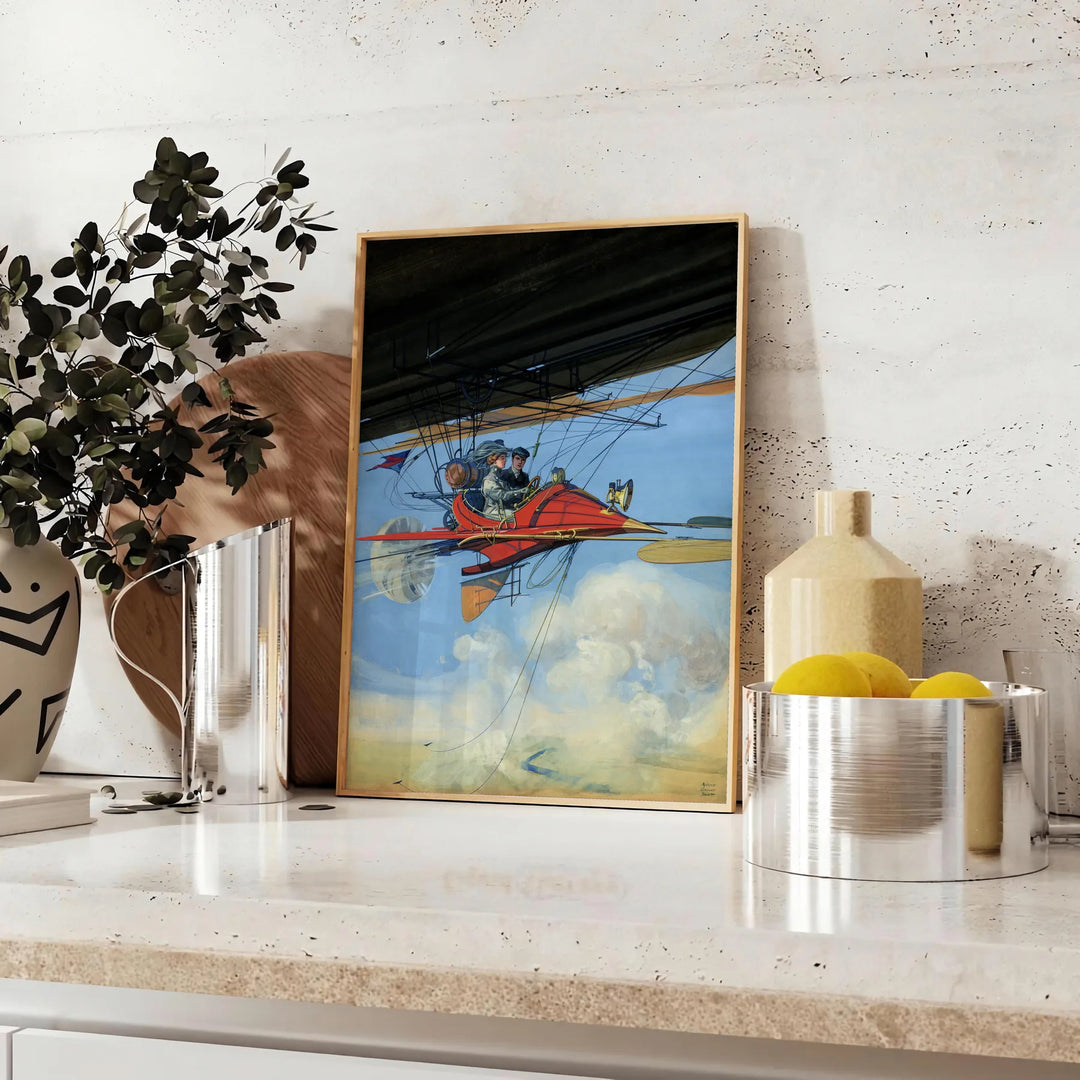 Black and green airplane travel poster in minimalist vintage style - styled on a counter with eucalyptus and a bowl of lemons