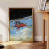 Black and green airplane travel poster in minimalist vintage style - beside a round wooden side table with books
