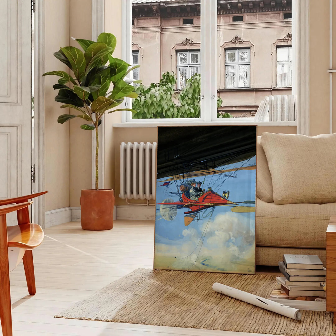 Black and green airplane travel poster in minimalist vintage style - in a Parisian living room with a sofa and a fig plant
