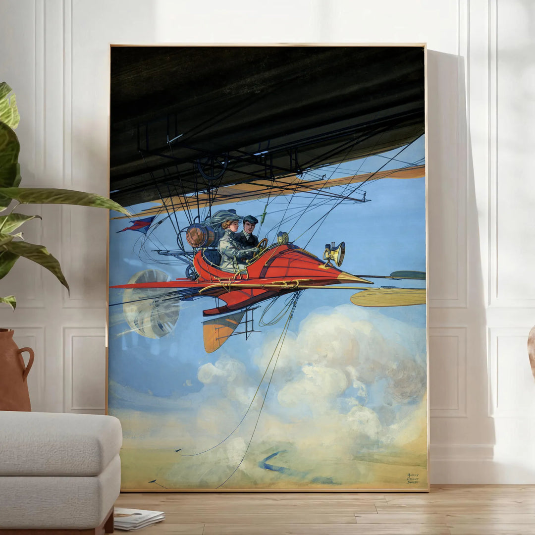 Black and green airplane travel poster in minimalist vintage style - in a bright minimalist room with a plant and an armchair