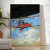 Black and green airplane travel poster in minimalist vintage style - in a bright minimalist room with a plant and an armchair