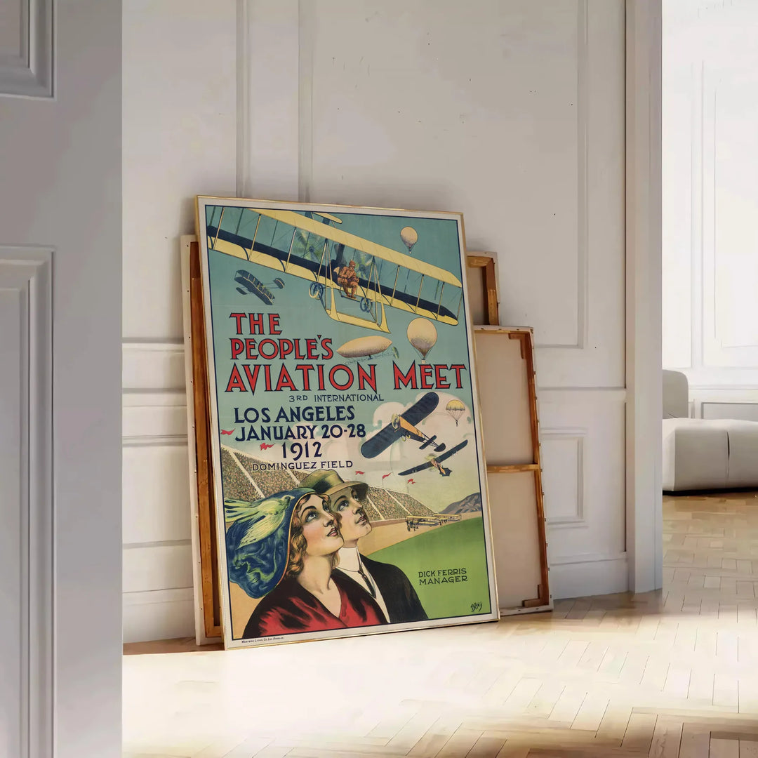 Sleek black and green airplane travel poster in minimalist graphic style - leaning on a herringbone floor against a white panelled wall