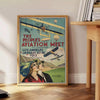 Sleek black and green airplane travel poster in minimalist graphic style - beside a round wooden side table with books