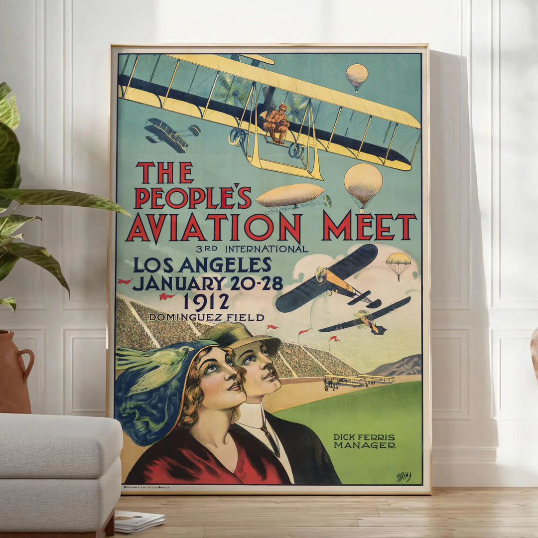 Sleek black and green airplane travel poster in minimalist graphic style - in a bright minimalist room with a plant and an armchair