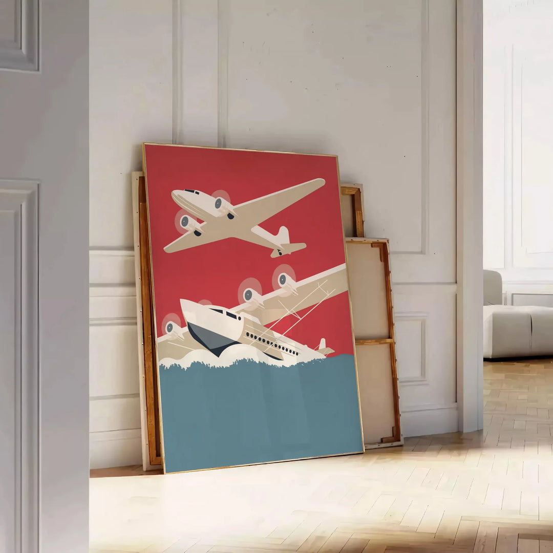 Retro illustration of vintage airplanes in gray and orange tones - leaning on a herringbone floor against a white panelled wall
