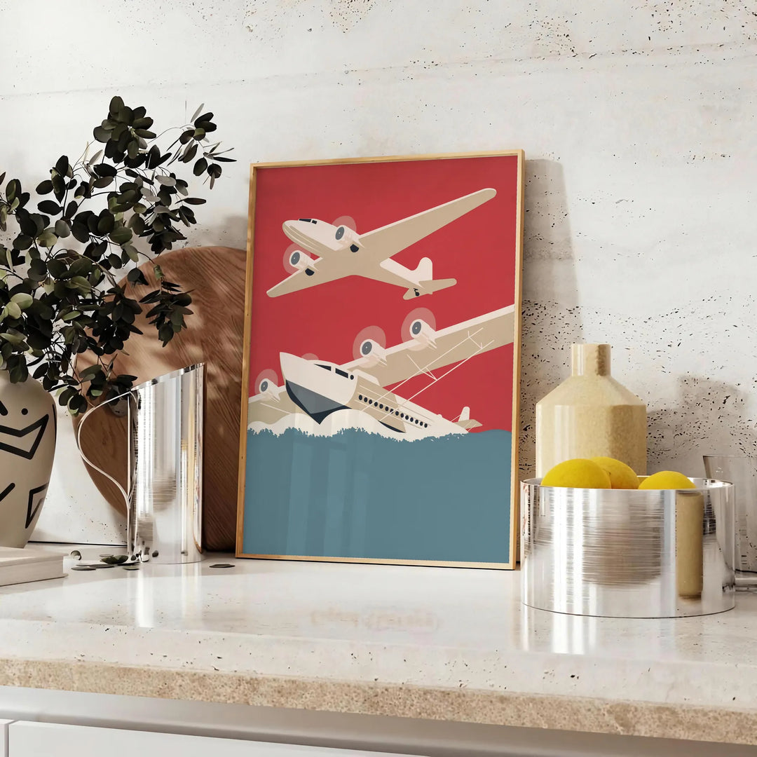 Retro illustration of vintage airplanes in gray and orange tones - styled on a counter with eucalyptus and a bowl of lemons