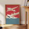 Retro illustration of vintage airplanes in gray and orange tones - beside a round wooden side table with books