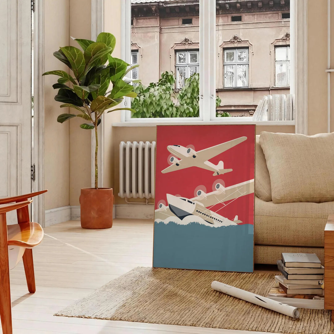Retro illustration of vintage airplanes in gray and orange tones - in a Parisian living room with a sofa and a fig plant