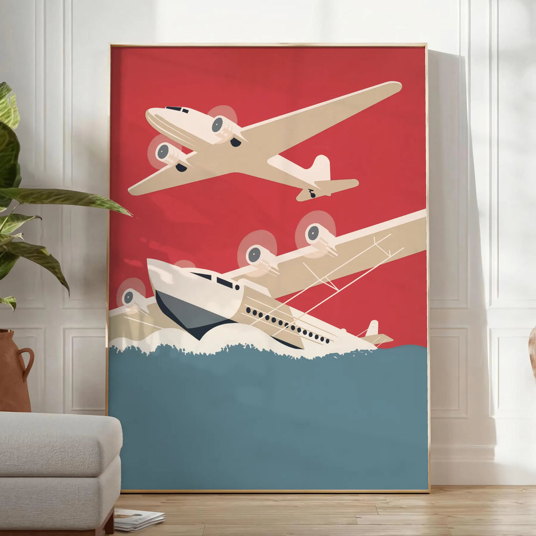 Retro illustration of vintage airplanes in gray and orange tones - in a bright minimalist room with a plant and an armchair