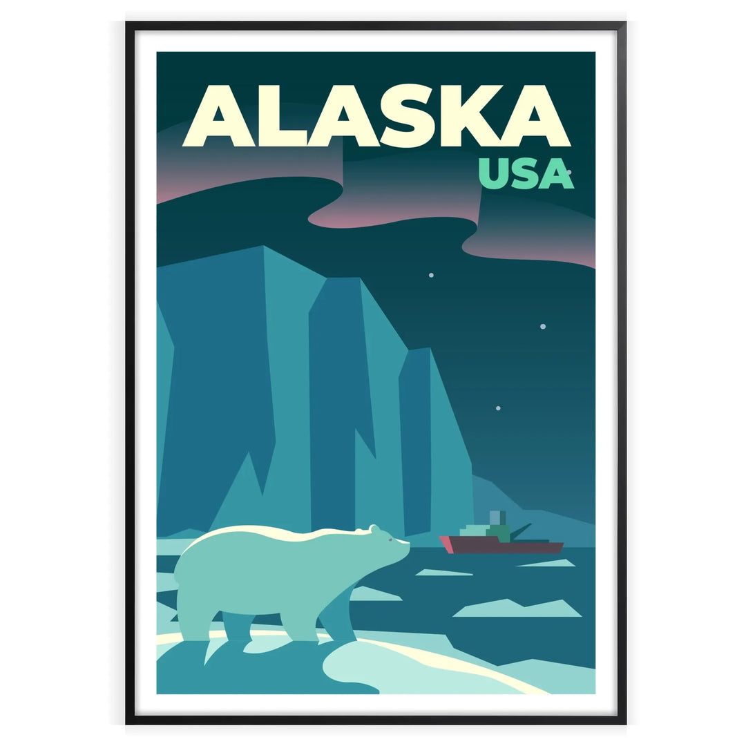 Alaska travel poster showing green and blue landscape, minimalist style