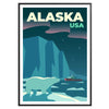 Alaska travel poster showing green and blue landscape, minimalist style - in a black frame
