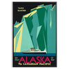 Stylized mountains and forest in shades of green and blue - in a black frame