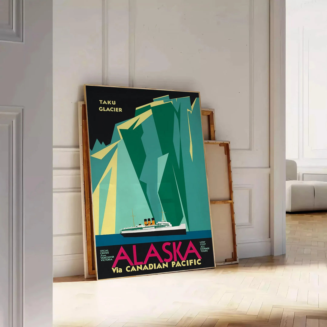 Stylized mountains and forest in shades of green and blue - leaning on a herringbone floor against a white panelled wall