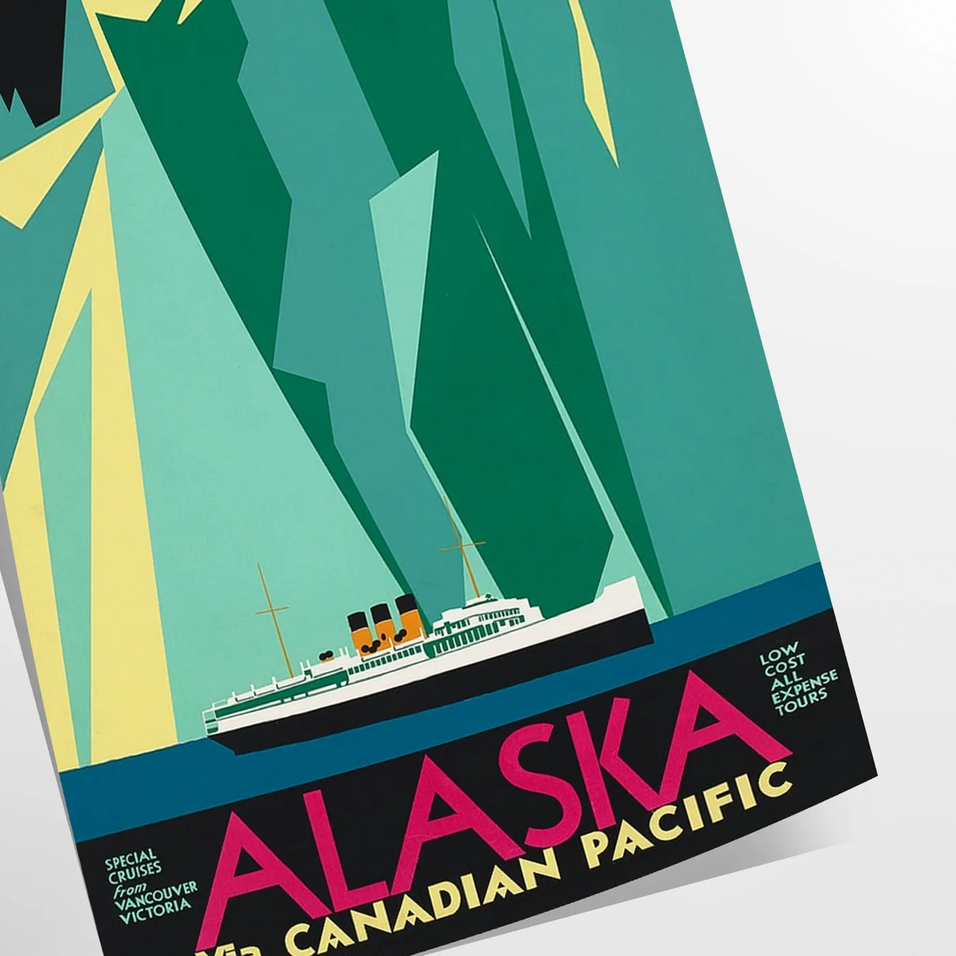 Stylized mountains and forest in shades of green and blue - as a rolled, unframed print