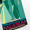 Stylized mountains and forest in shades of green and blue - as a rolled, unframed print